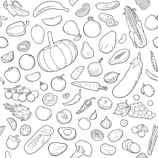 Seamless Pattern Vegetables Fruits Vector Black Vintage Illustration Isolated White — Wektor stockowy