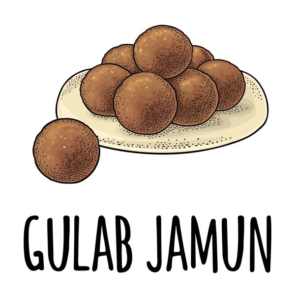 Gulab Jamun Indian Traditional Food Vector Color Vintage Engraving Realistic — Stockvektor
