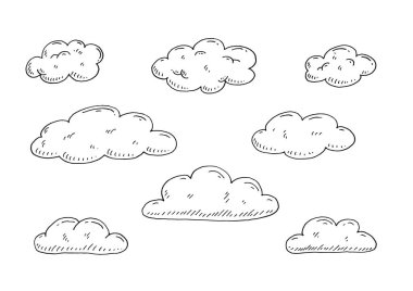 Set form of clouds. Vector black vintage engraving illustration for poster, label, web. Isolated on white background