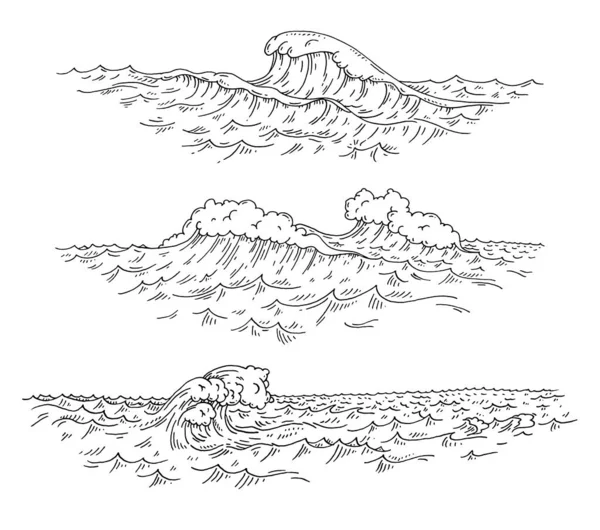 Морські Хвилі Вінтажні Векторні Гравюри Монохромні Чорні Ілюстрації Ізольовані Білому — стоковий вектор