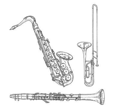 Trombone, saxophone, clarinet. Vector vintage black engraving illustration isolated on white