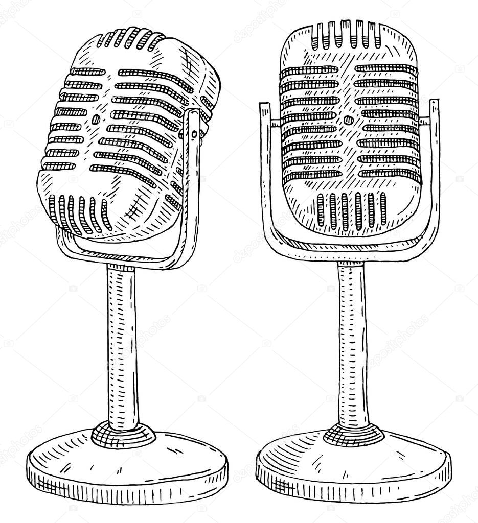 Metal microphone on a stand. Side and front view. Vintage vector black engraving illustration isolated on white background.