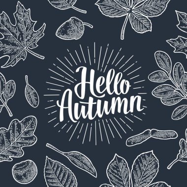 Kusursuz desenli yapraklar, meşe palamudu, kestane ağacı ve tohum. Merhaba sonbahar mektupları. Vector vintage beyaz oymalı resimleme. Siyah arkaplanda izole