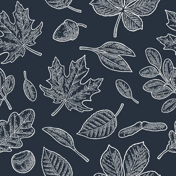 Бесшовные Листья Желудь Каштан Семена Векторная Винтажная Белая Гравированная Иллюстрация — стоковый вектор