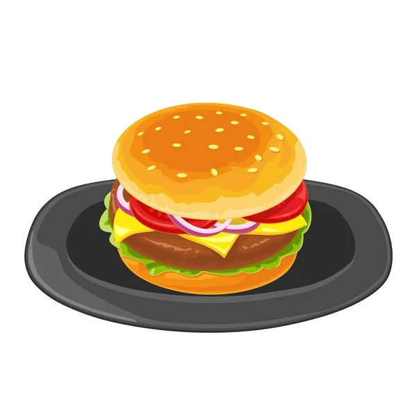 Hamburger Con Carne Lattuga Formaggio Cipolla Pomodoro Sul Piatto Illustrazione — Vettoriale Stock