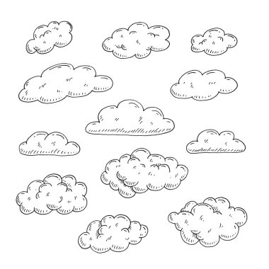 Set form of clouds. Vector black vintage engraving illustration for poster, label, web. Isolated on white background