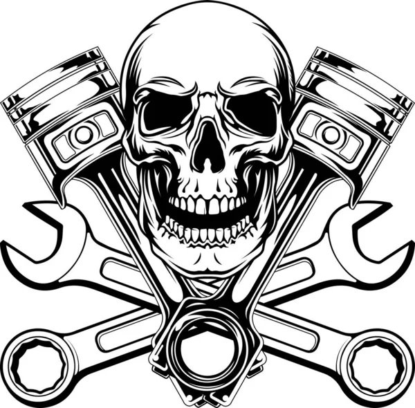 Mechanisches Logo Mit Lächelndem Totenkopf Kolben Und Kreuzschlüssel Ist Perfekt — Stockvektor