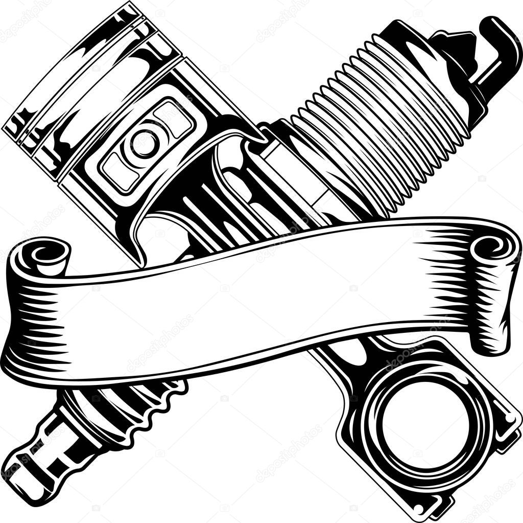 Mechanic logo with a piston, spark plug, and ribbon. It's perfect for making signs, logos, prints, outdoor signs, t-shirts, visit cards, coffee mugs, etc.