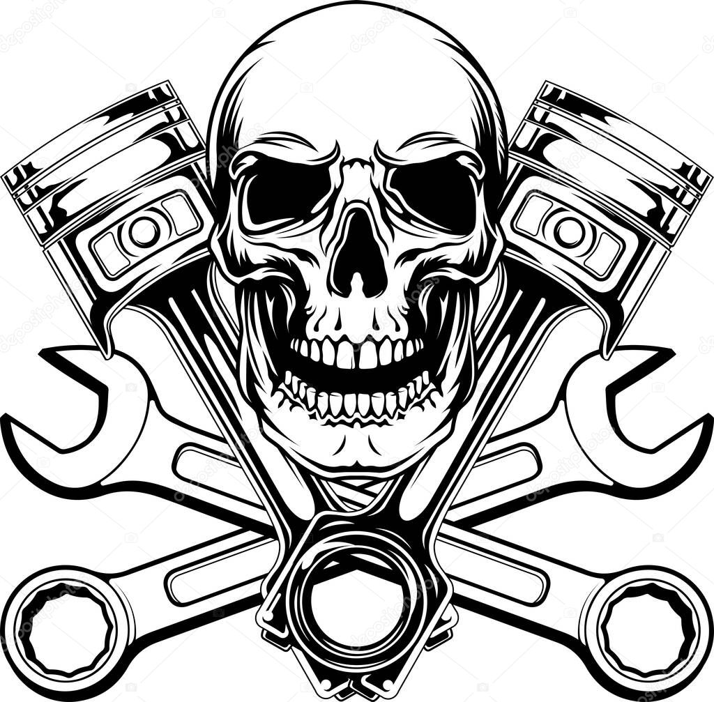 Mechanic logo with a smiling skull, pistons, and crossed wrenches. It's perfect for making logos, tattoos, t-shirts, coffee mugs, caps, etc.
