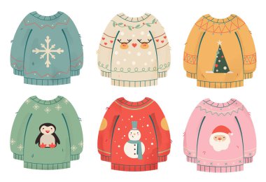 6 tane Noel süveteri, Noel süveteri, rahat ve şirin - kar tanesi, geyik, noel ağacı, pinguin, noel baba parmak izi vektörü