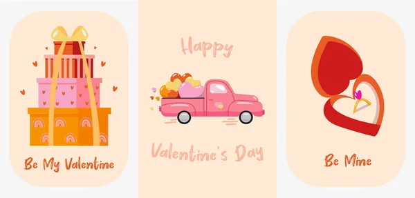 バレンタインデーのブックスタイルのかわいいイラストのセット グリートカード ポストカード バナー ポスター ステッカー プリントに最適です トラックプレゼントや心のレトロなシンプルなベクトル 手作り虹のフル — ストックベクタ