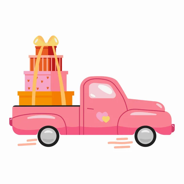 Livraison Express Camion Rétro Rempli Cadeaux Illustration Rétro Saint Valentin — Image vectorielle