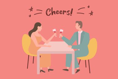 Loving couple spending time or relaxing together. Romantic dinner in restaurant. Romantic date concept. Characters Valentine day. Modern flat cartoon style. Vector illustration, greeting card