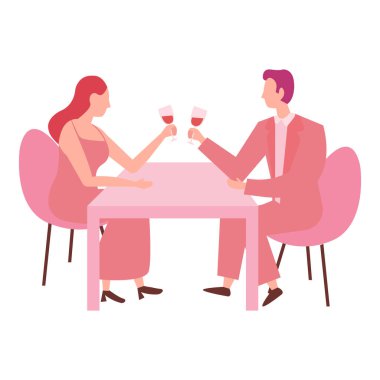 Print, Loving couple spending time or relaxing together. Romantic dinner in restaurant. Romantic date concept. Characters Valentine day. Vector illustration