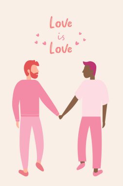 happy gay couple in casual clothes, valentine's day greeting card, love, vector