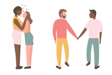 Two enamored lesbian girl hugging enjoy meeting vector flat illustration. Happy homosexual woman smiling feeling love and positive emotion isolated on white. Joyful lgbt couple at romantic date, gay
