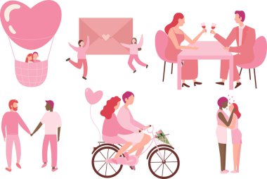 Valentines day set of different activities, pink illustrations, clipart, stickers, cycling, romantic dinner, date, gay, lesbian, lgbt