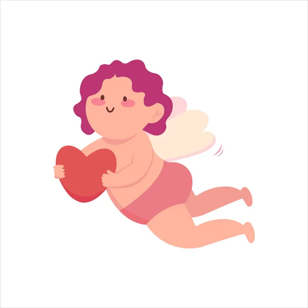 Flying Baby Cupid Holds Red Heart Angel Boy Kid Cartoon —  Vetores de Stock