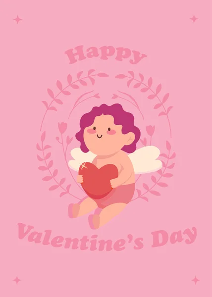 Valentines day postcard.Happy Valentines day. Baby cupid with arrow. Festive valentines day greeting card — Vetor de Stock