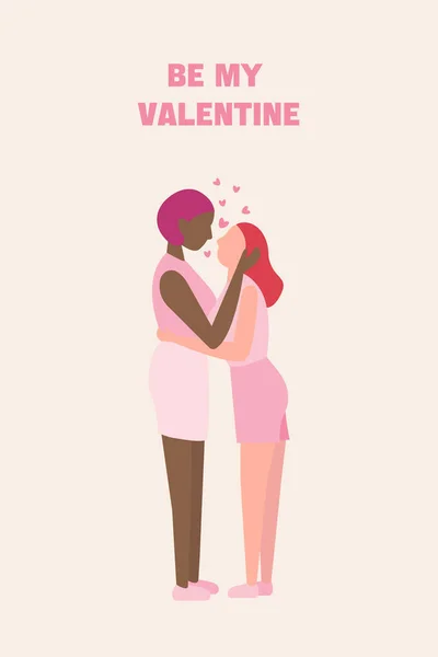 Two enamored lesbian girl hugging enjoy meeting vector flat illustration. Happy homosexual woman smiling feeling love and positive emotion isolated on white. Joyful lgbt couple at romantic date, gay — Archivo Imágenes Vectoriales