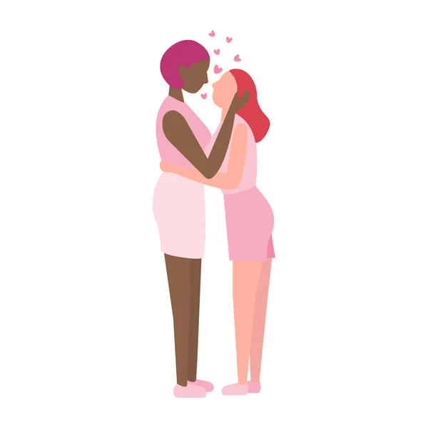 Two enamored lesbian girl hugging enjoy meeting vector flat illustration. Happy homosexual woman smiling feeling love and positive emotion isolated on white. Joyful lgbt couple at romantic date, gay Vettoriale Stock