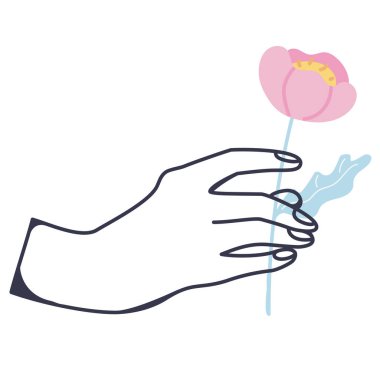 Romantic pink hand and arms expressions. Hand sign. Hand holding a flower. Valentine's day. Doodle. Contour. Linear. Outline. Cute and simple