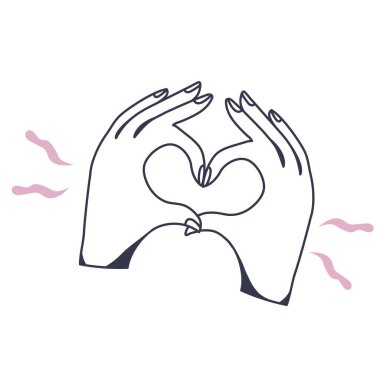 Romantic pink hand and arms expressions. Hand sign. Human hands in the shape of hearts. Valentine's day. Doodle. Contour. Outline. Cute and simple