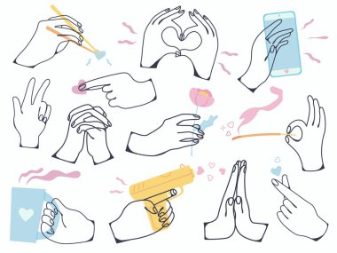 Hands and arms expressions. Hand sign big set, ok and love heart, praying and meditation, chopsticks. Valentine's day. Doodle. Contour. Linear. Outline