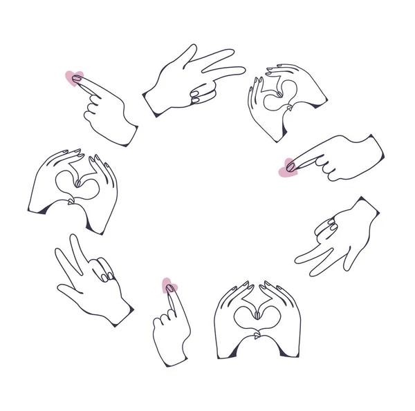 Frame Hands Different Poses Gestures Contour Linear White Background Vector — Vettoriale Stock
