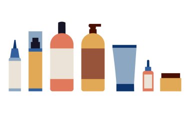 Makyaj aletleri. Cilt rutin kozmetik ürünleri, el çizimi kozmetik karalama aletleri, güzellik ve makyaj vektörü çizim simgeleri. Maskeli şişeler, toner, şampuan, serum, losyon
