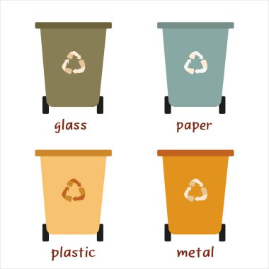 Farklı tipte çöpler için plastik kaplar. Atık yönetimi konsepti. Farklı tipte Atık Organik, Plastik, Metal, Kağıt, Cam. Çöp kutularının geri dönüşüm için ayrıştırılması