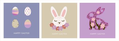 Mutlu Paskalyalar. Bir dizi Paskalya çizimi. Paskalya yumurtası, tavşan. Poster, kapak ya da kartpostal için mükemmel..
