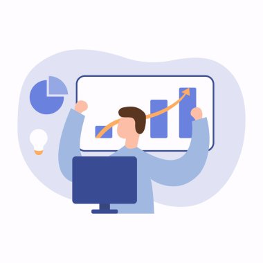 Küçük tüccarlar yatırım yapıyor, kripto pazarında ticaret yapıyorlar. Bitcoin düz vektör çiziminin yanında oturan iş adamları. Ticaret, kripto para birimi konsepti afiş, web sitesi tasarımı