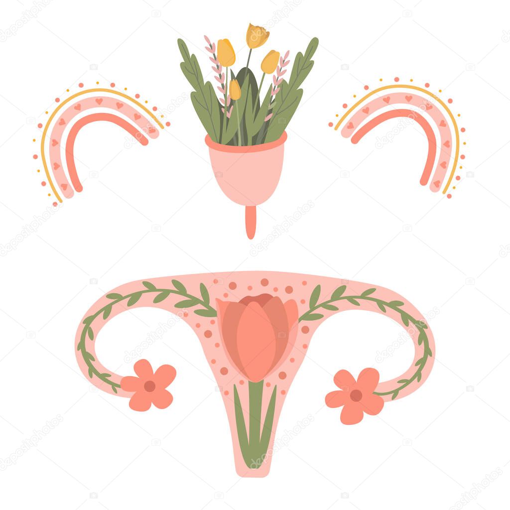Female menstruation. Women with period and hygiene product tampon, sanitary pads and menstrual cup. Cartoon womb, vector set.