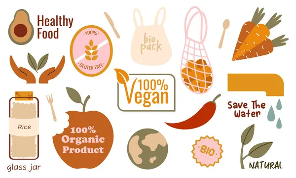 Set of vegan food. Eco. Ecology icons, illustrations. Healthy food stickers. — Stock Vector