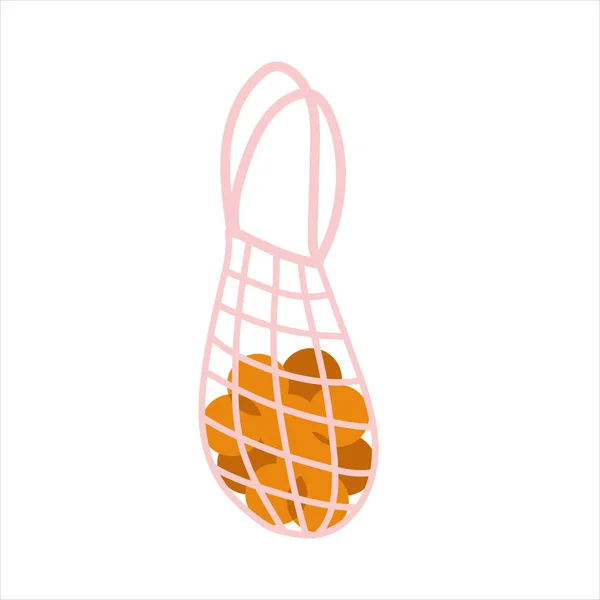 Illustration vectorielle de sac écologique en maille avec des pêches à l'intérieur d'un fond beige. Sac écologique dessiné à la main avec des fruits. Dis non aux sacs en plastique. Shopper, paquet de tissu écologique. Concept zéro déchet. — Image vectorielle