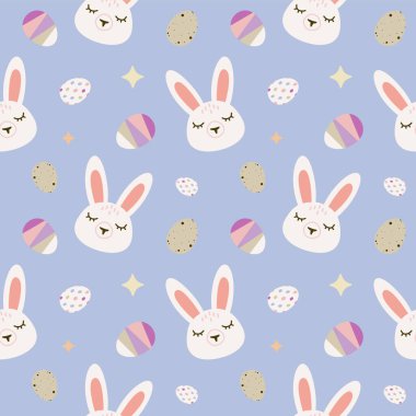 Mavi arka planda sevimli beyaz tavşanları olan kusursuz vektör deseni. Tekstil, duvar kağıdı veya baskı tasarımı için mükemmel.