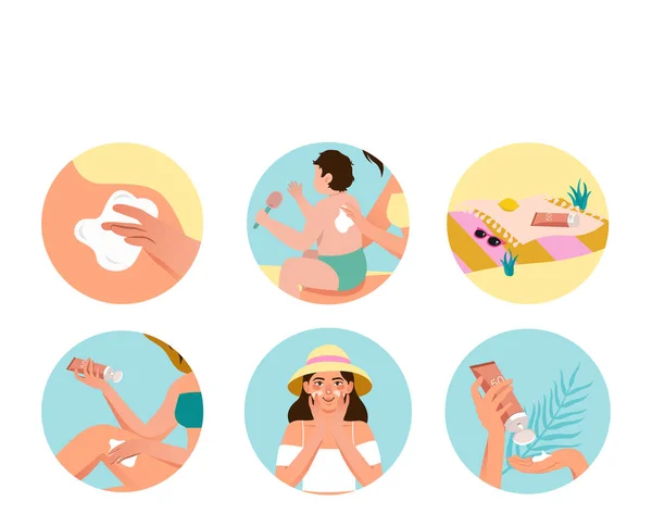 Mother Applying Sunscreen Baby Family Using Spf Lotion Protection Vacation — Stock Vector