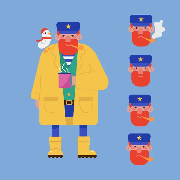 Vuurtorenwachter Cartoon Vector Karakter Oude Man Regenjas Met Een Kop — Stockvector