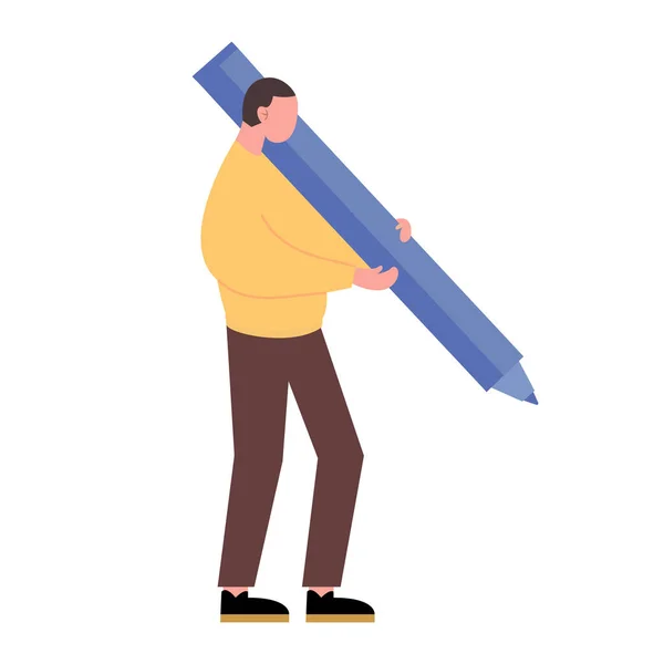 Man Holding Big Pencil Flat Cartoon Character Concept Design Bloggers — Stock vektor