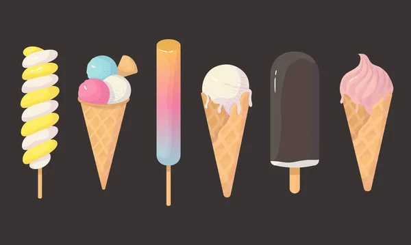 Ice Cream Realistic Watercolor Set Vector Illustration Dark Background — Image vectorielle