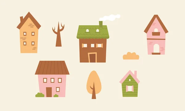 Cute Tiny Houses Cartoon Small Town Houses Minimalism City Buildings — Archivo Imágenes Vectoriales