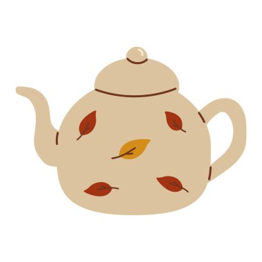 Yaprak desenli eski bir çaydanlık. Sonbahar bitkisel içeceğiyle seramik çaydanlık, yapraklar. Renkli düz vektör çizimi.