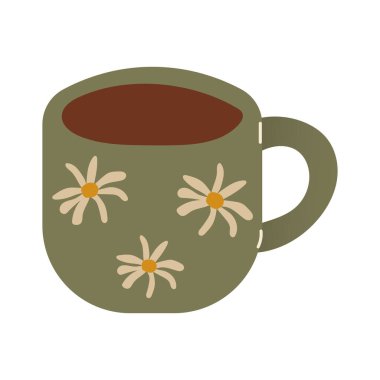 Papatya izli çay fincanı. Beyaz arkaplanda düz şirin illüstrasyon.