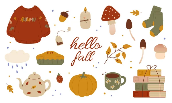 秋のテーマベクトルセット 白を背景にステッカーやグリーティングカードのためのかわいいとシンプルな秋のデザイン要素 — ストックベクタ