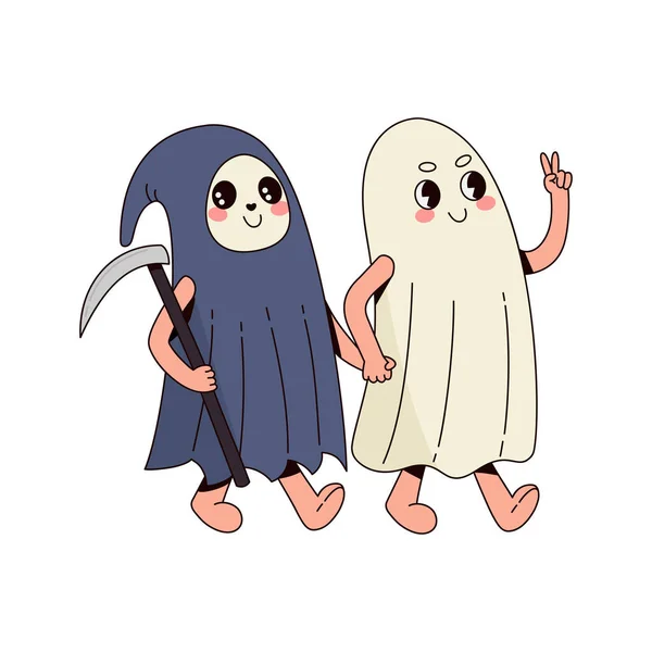 Bonito Desenho Animado Retrô Fantasmas Andando Segurando Suas Mãos Halloween — Vetor de Stock