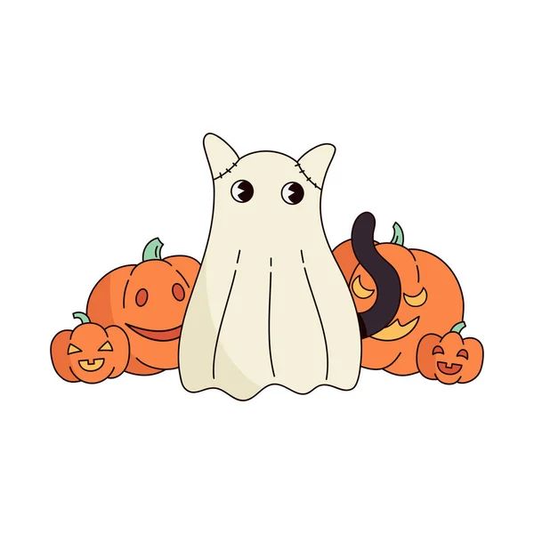 かわいい幽霊猫がカボチャに囲まれて座っている ハロウィンペット レトロな漫画不気味な猫のキャラクター グリーティングカード ステッカー用ベクトルイラスト ウェブと印刷物 — ストックベクタ