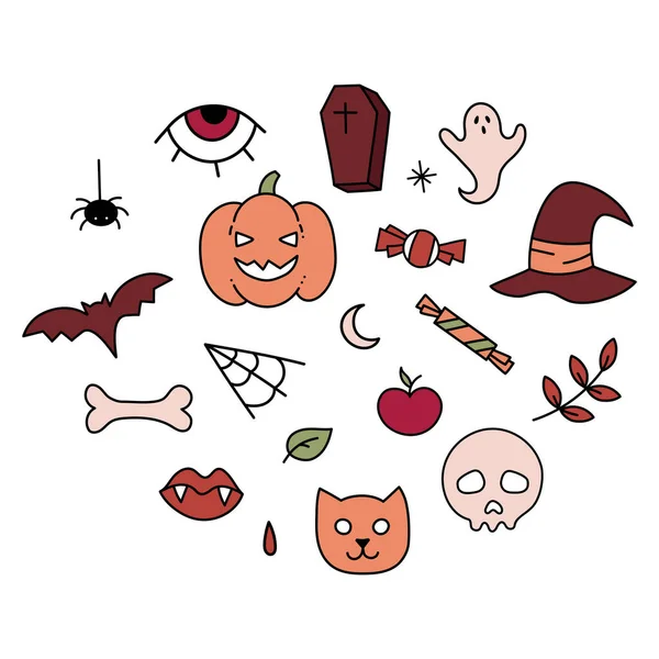 Ručně Kreslené Halloween Doodle Set Vektorové Barevné Strašidelné Ikony Pro — Stockový vektor