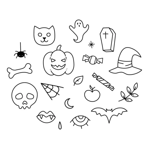 Sada Ručně Kreslených Ilustrací Pro Halloween Holiday Ikony Stylu Doodle — Stockový vektor