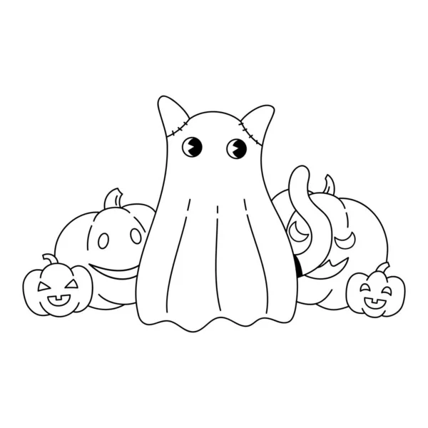 カボチャに囲まれたシートでかわいい猫 ハロウィンペット 概要漫画の不気味な猫のキャラクター グリーティングカード ステッカー用ベクトルイラスト ウェブと印刷物 — ストックベクタ